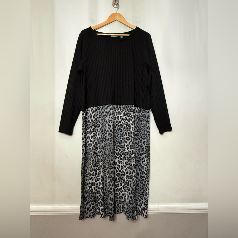 Susan Graver Dress Liquid Knit Dark Animal Print Ribbed Knit Long Sleeve Midi 1X